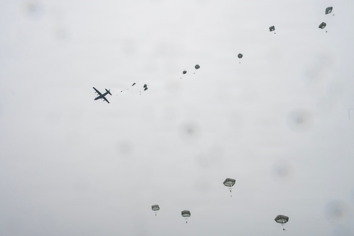 U.S. Army paratroopers assigned to the 11th Airborne Division descend from a U.S. Air Force C-130J Super Hercules assigned to the 36th Airlift Squadron during a multinational airborne exercise at Ojojihara Training Area, Miyagi Prefecture, Japan, Jan. 17, 2026