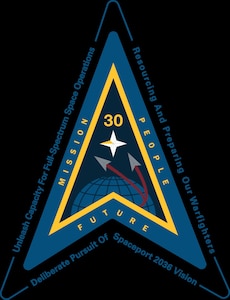 A new Space Launch Delta 30 logo adding the SLD 30 Strategic Plan priorities. (U.S. Space Force Graphic by Michael Peterson)