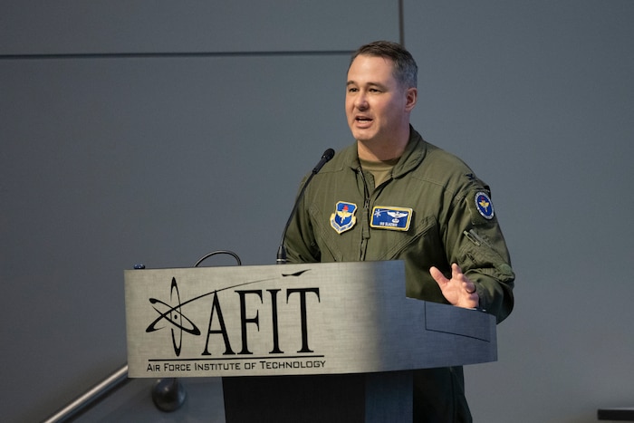 Col. Ian Slaznik, Director of the Air Force Institute of Technology ’s Digital Innovation and Integration Center of Excellence (DIICE), speaks at the second annual Digital Materiel Management (DMM) Symposium Jan. 22 at Wright-Patterson Air Force Base, Ohio. The DMM Symposium returned to the Air Force Institute of Technology, bringing together military leaders, industry experts, and academics to accelerate the adoption of Digital Materiel Management principles across the Department of the Air Force.