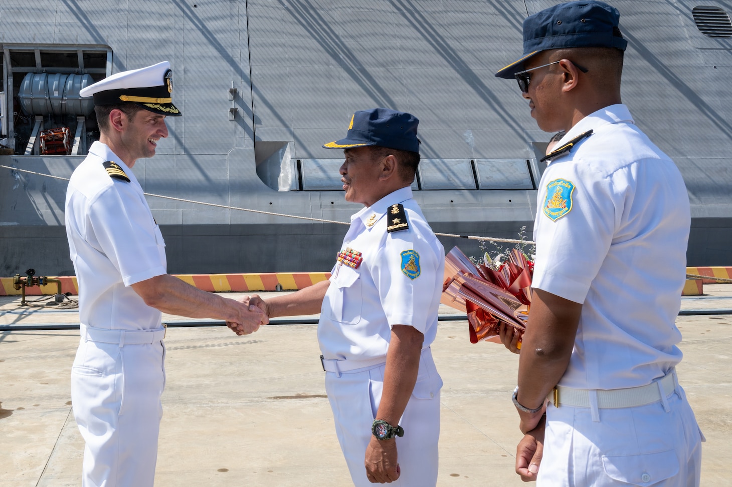 Cmdr. Andrew Recame, commanding officer of Independence-Variant littoral combat ship USS Cincinnati (LCS 20) meets with Radm. Chong Sideth, Chief of Staff and Deputy Commander of Ream Naval Base, Cambodia, Jan. 24.