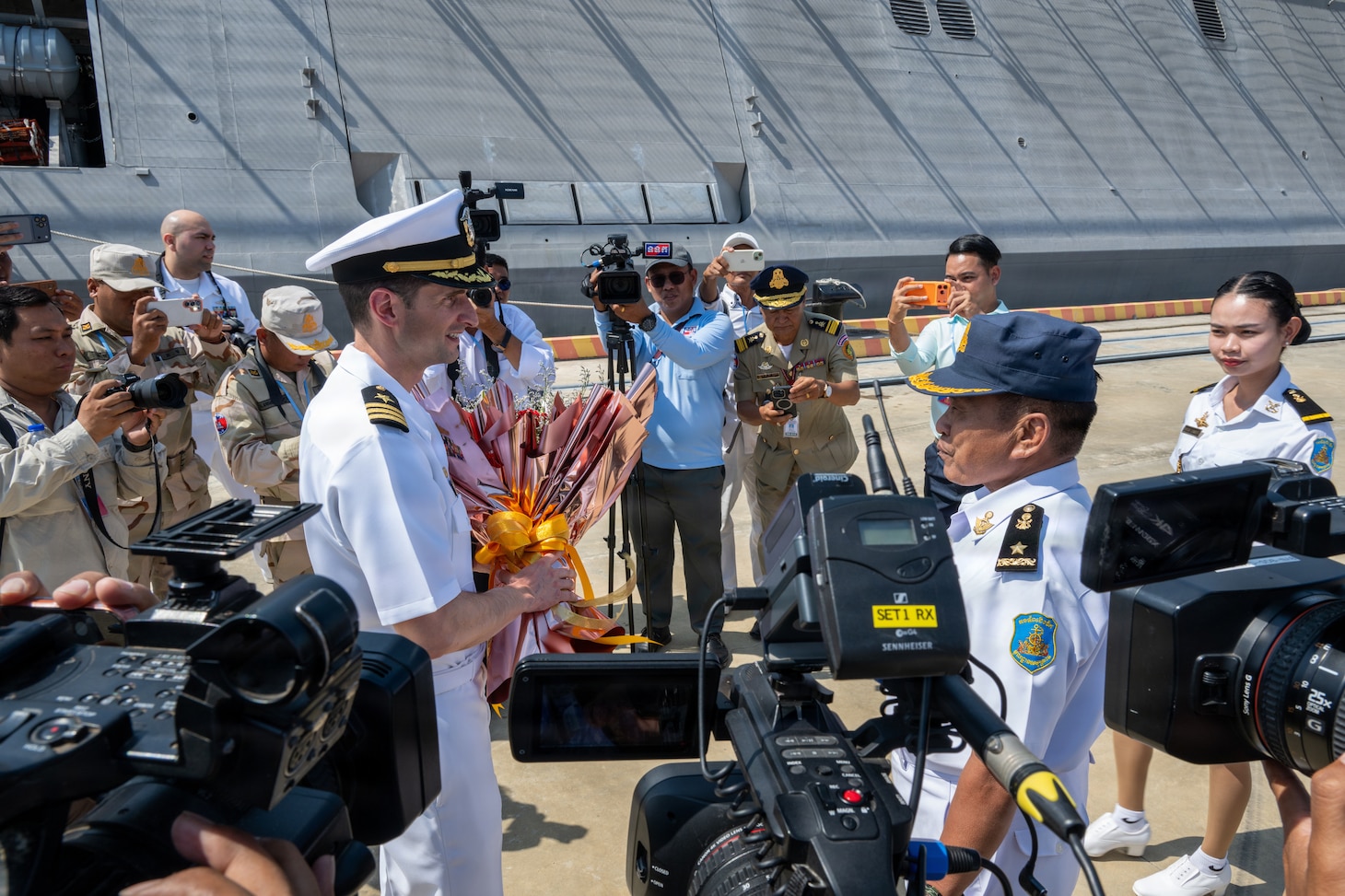 A Royal Cambodian Navy Delegation welcomes Independence-Variant littoral combat ship USS Cincinnati (LCS 20) to Ream Naval Base, Cambodia, Jan. 24.