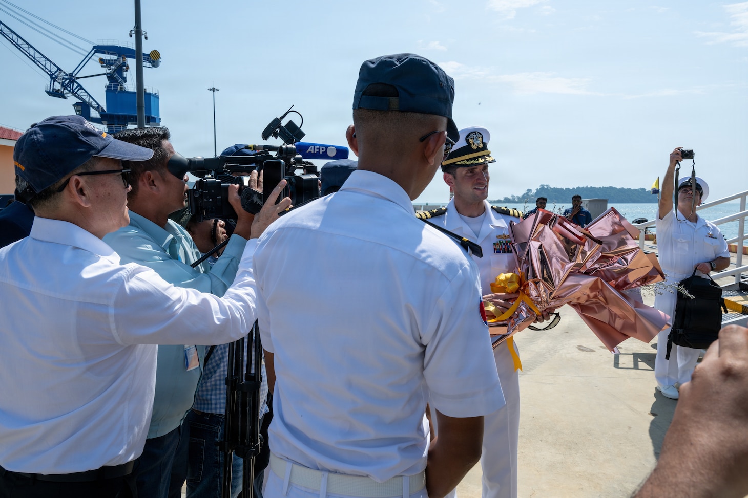 Cmdr. Andrew Recame, commanding officer of Independence-Variant littoral combat ship USS Cincinnati (LCS 20) Meets with Radm. Chong Sideth, Chief of Staff and Deputy Commander of Ream Naval Base, Cambodia, Jan. 24.