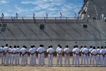 Royal Cambodian Navy Delegation welcomes Independence-Variant littoral combat ship USS Cincinnati (LCS 20) to Ream Naval Base, Cambodia, Jan. 24.