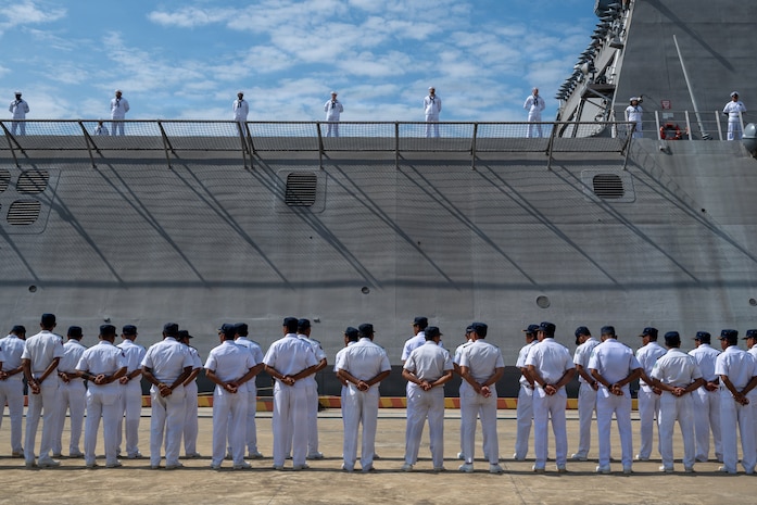 Royal Cambodian Navy Delegation welcomes Independence-Variant littoral combat ship USS Cincinnati (LCS 20) to Ream Naval Base, Cambodia, Jan. 24.