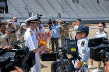 A Royal Cambodian Navy Delegation welcomes Independence-Variant littoral combat ship USS Cincinnati (LCS 20) to Ream Naval Base, Cambodia, Jan. 24.