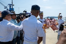 Cmdr. Andrew Recame, commanding officer of Independence-Variant littoral combat ship USS Cincinnati (LCS 20) Meets with Radm. Chong Sideth, Chief of Staff and Deputy Commander of Ream Naval Base, Cambodia, Jan. 24.