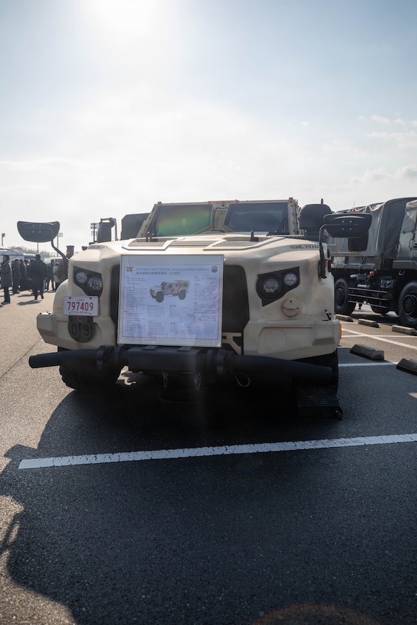 A United States Marine Corps joint light tactical vehicle is displayed during exercise Nankai Rescue 2026 at the Lotus Cultural Center, Japan, Jan. 24, 2026. Exercise Nankai Rescue 2026 is a full-scale exercise focused on enhancing the bilateral coordination between the U.S. and Japan in support of humanitarian and disaster relief efforts. (U.S. Marine Corps photo by Lance Cpl. Rylan Adcock)