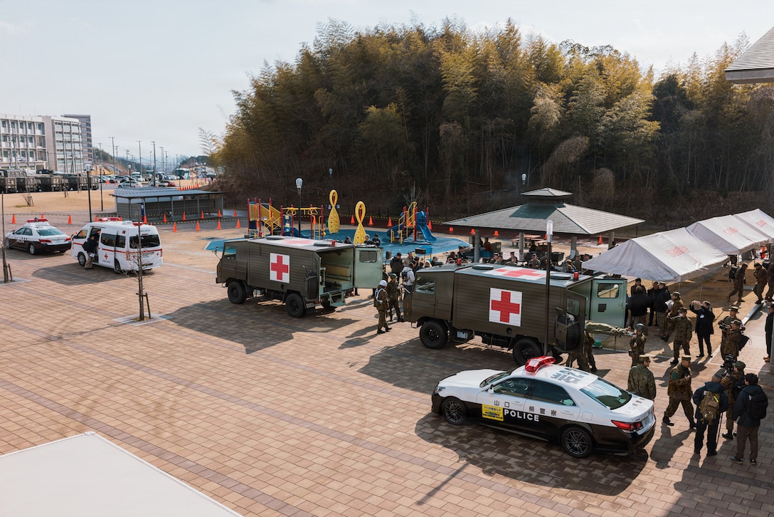 U.S. Sailors with Navy Medical Readiness Training Unit Iwakuni transport a simulated casualty at Iwakuni, Japan, Jan. 24, 2026. Exercise Nankai Rescue is a full-scale exercise focused on enhancing the bilateral coordination between the U.S. and Japan in support of humanitarian and disaster relief efforts. (U.S. Marine Corps photo by Cpl. Sarah Grawcock)