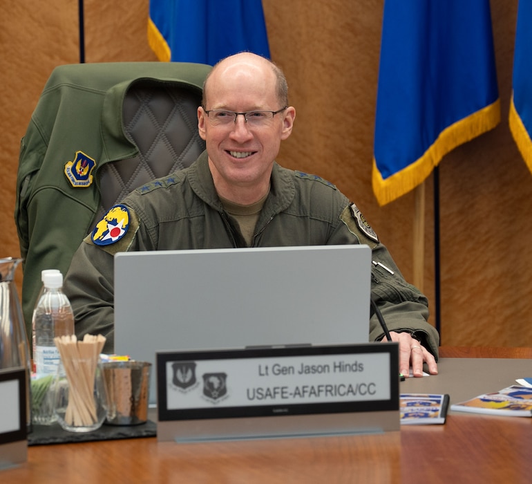 U.S. Air Force Lt. Gen. Jason T. Hinds, U.S. Air Forces in Europe – Air Forces Africa commander, sits at table