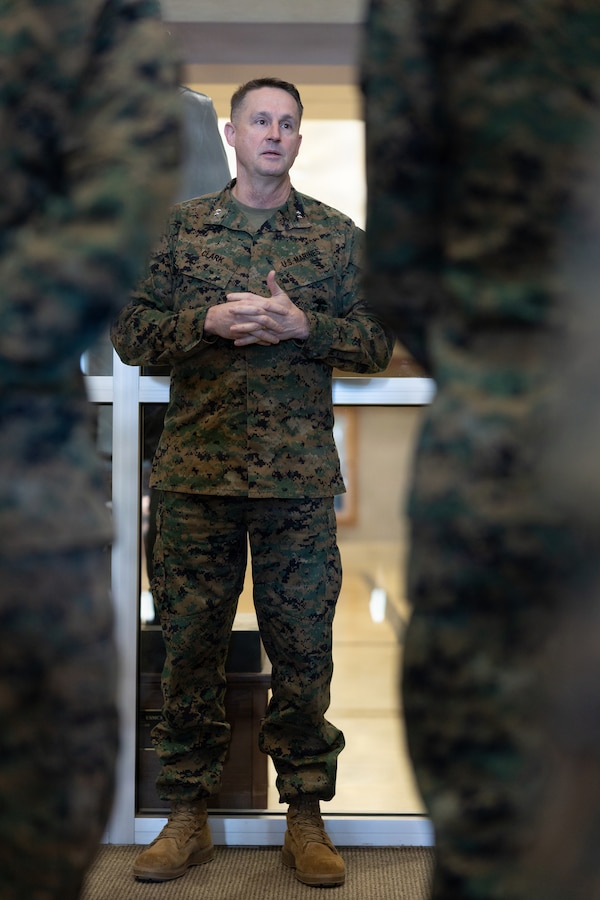 U.S. Marine Corps Maj. Gen. Douglas Clark, deputy commander, Marine Forces Reserve and Marine Forces South, speaks before a Military Chaplains Association (MCA) Distinguished Service Award ceremony at Marine Corps Support Facility New Orleans, Jan. 20, 2025. The award recognizes outstanding and sustained service in support of the religious and spiritual needs of the Total Force. (U.S. Marine Corps photo by Cpl. Kanoa Thomas)