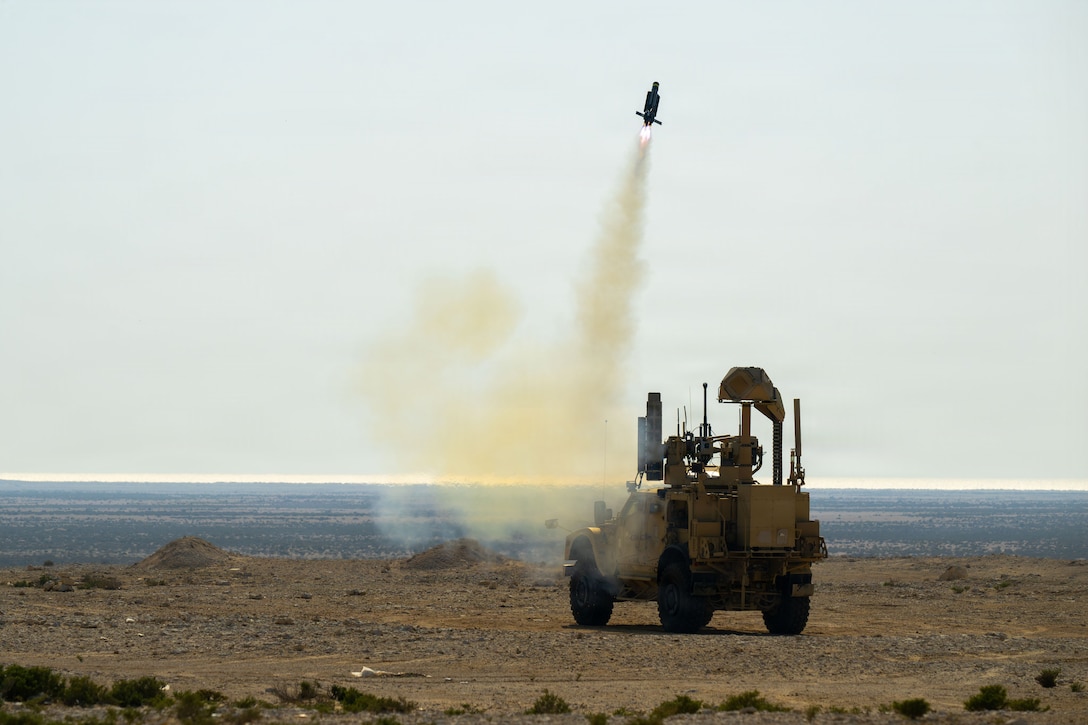 U.S. CENTRAL COMMAND AREA OF RESPONSIBILITY (Jan. 26, 2026) A mine-resistant ambush protected (MRAP) vehicle equipped with a mobile-low, slow, small-unmanned aircraft integrated defeat system (M-LIDS) launcher fires a counter-unmanned aerial system at a fixed wing target during a training exercise in Bahrain. This bilateral training between U.S. Naval Forces Central Command and the Bahrain Defense Force improves collaboration and interoperability between the U.S. and Bahrain. (U.S. Navy photo by Mass Communication Specialist 2nd Class Iain Page)