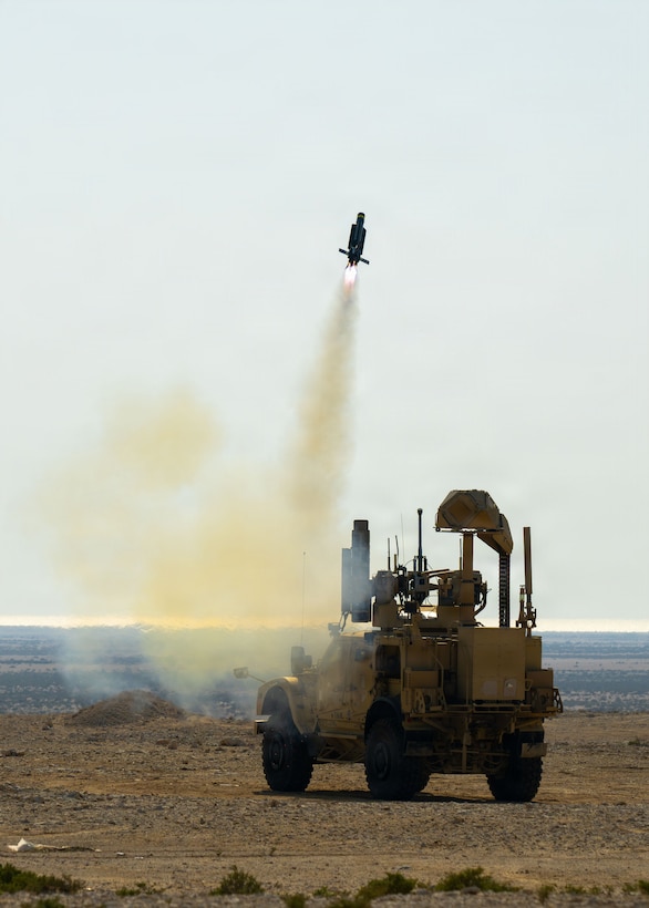 U.S. CENTRAL COMMAND AREA OF RESPONSIBILITY (Jan. 26, 2026) A mine-resistant ambush protected (MRAP) vehicle equipped with a mobile-low, slow, small-unmanned aircraft integrated defeat system (M-LIDS) launcher fires a counter-unmanned aerial system at a fixed wing target during a training exercise in Bahrain. This bilateral training between U.S. Naval Forces Central Command and the Bahrain Defense Force improves collaboration and interoperability between the U.S. and Bahrain. (U.S. Navy photo by Mass Communication Specialist 2nd Class Iain Page)