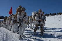 U.S. Marines and Sailors with Combat Logistics Battalion 24, Combat Logistics Regiment 27, 2nd Marine Logistics Group, participate in an acclimation hike as part of Mountain Training Exercise 1-26 at Marine Corps Mountain Warfare Training Center in Bridgeport, California, Jan. 14, 2026. CLB-24 executed the acclimation hike to familiarize the Marines with hiking in austere terrain and high elevations.  Exercises like MTX 1-26 prove Marines’ ability to provide flexible and responsive combat service support during high intensity combat operations in contested and mountainous terrain. (U.S. Marine Corps photo by Lance Cpl. Isabelle Veillette)
