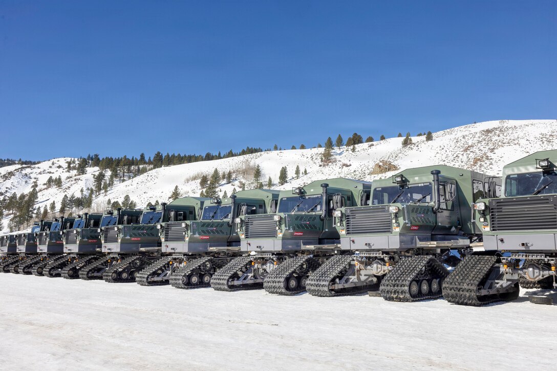 Tucker terra model 1600 sno-cats assigned to Marine Corps Mountain Warfare Training Center are staged during Mountain Training Exercise 1-26 at MCMWTC in Bridgeport, California, Jan. 13, 2026. Upon arrival, Marines with Combat Logistics Battalion 24, 2nd Marine Logistics Group, staged vehicles, shipping containers, and tents in preparation for MTX 1-26. Exercises like MTX 1-26 prove Marines’ ability to provide flexible and responsive combat service support during high intensity combat operations in contested and mountainous terrain. (U.S. Marine Corps photo by Lance Cpl. Isabella Ramos)