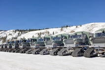 Tucker terra model 1600 sno-cats assigned to Marine Corps Mountain Warfare Training Center are staged during Mountain Training Exercise 1-26 at MCMWTC in Bridgeport, California, Jan. 13, 2026. Upon arrival, Marines with Combat Logistics Battalion 24, 2nd Marine Logistics Group, staged vehicles, shipping containers, and tents in preparation for MTX 1-26. Exercises like MTX 1-26 prove Marines’ ability to provide flexible and responsive combat service support during high intensity combat operations in contested and mountainous terrain. (U.S. Marine Corps photo by Lance Cpl. Isabella Ramos)