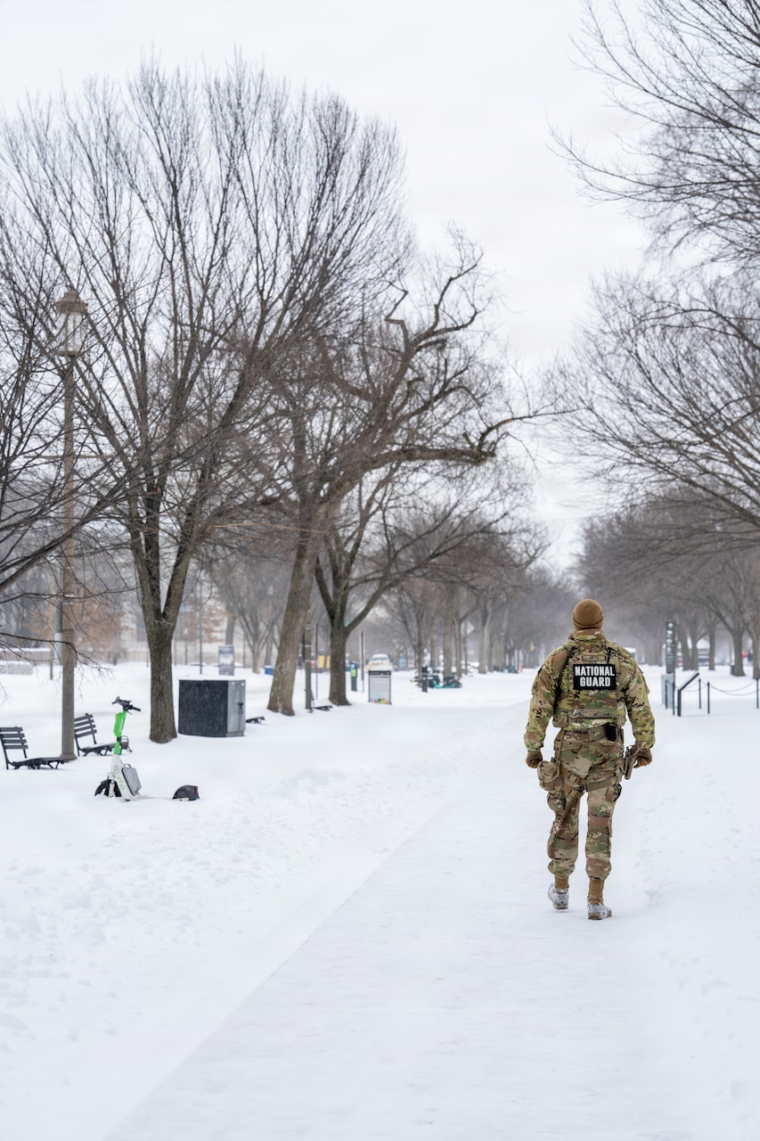 A person in a camouflage military uniform walks along a snow-covered street with rows of trees on either side.