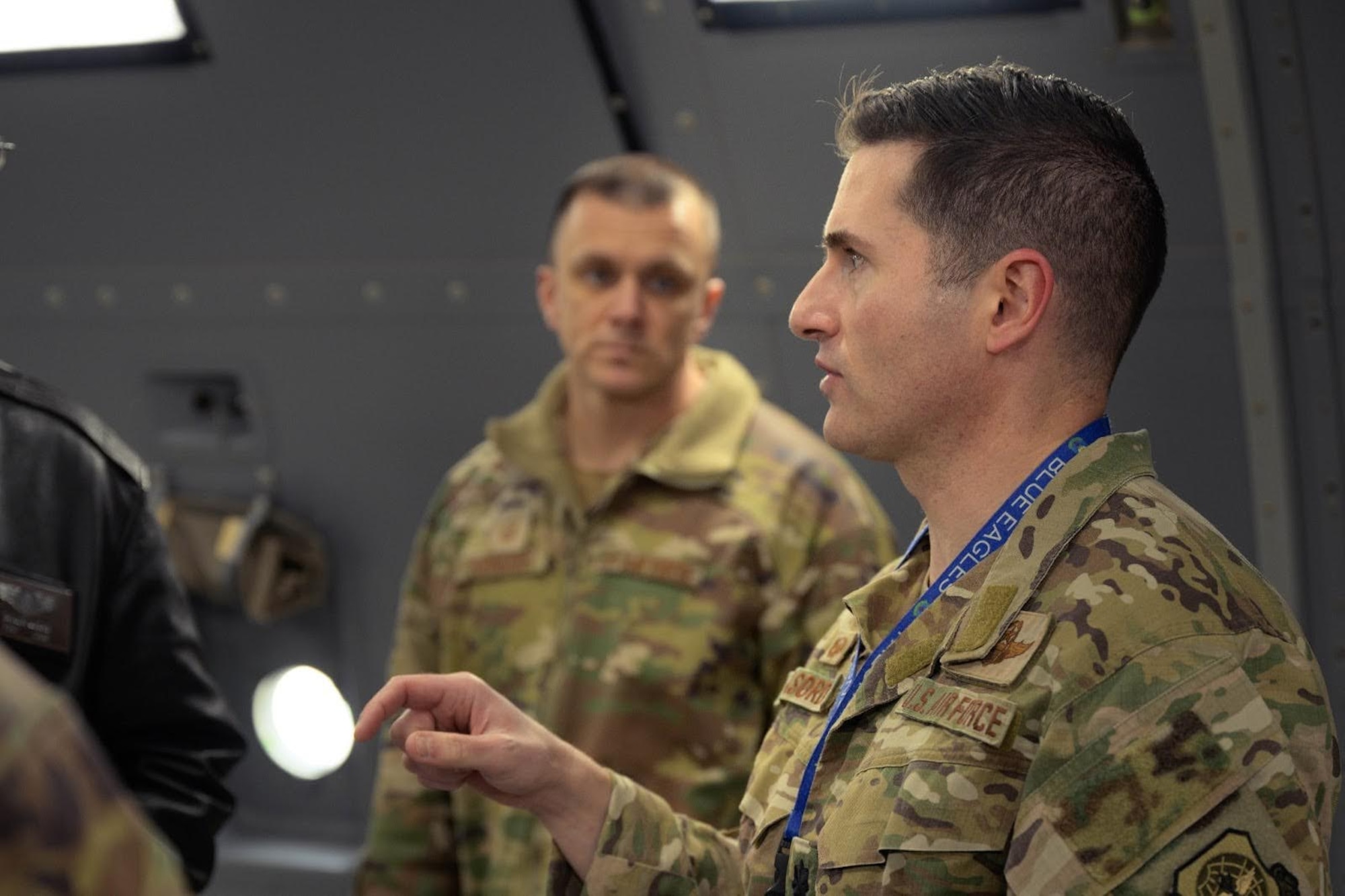 U.S. Air Force Lt. Col. Paul LaSorda, 32nd Air Refueling Squadron commander, speaks to Airmen on a KC-46A Pegasus aircraft during Exercise Krampus at Joint Base McGuire-Dix-Lakehurst, N.J., Dec. 8, 2025.
