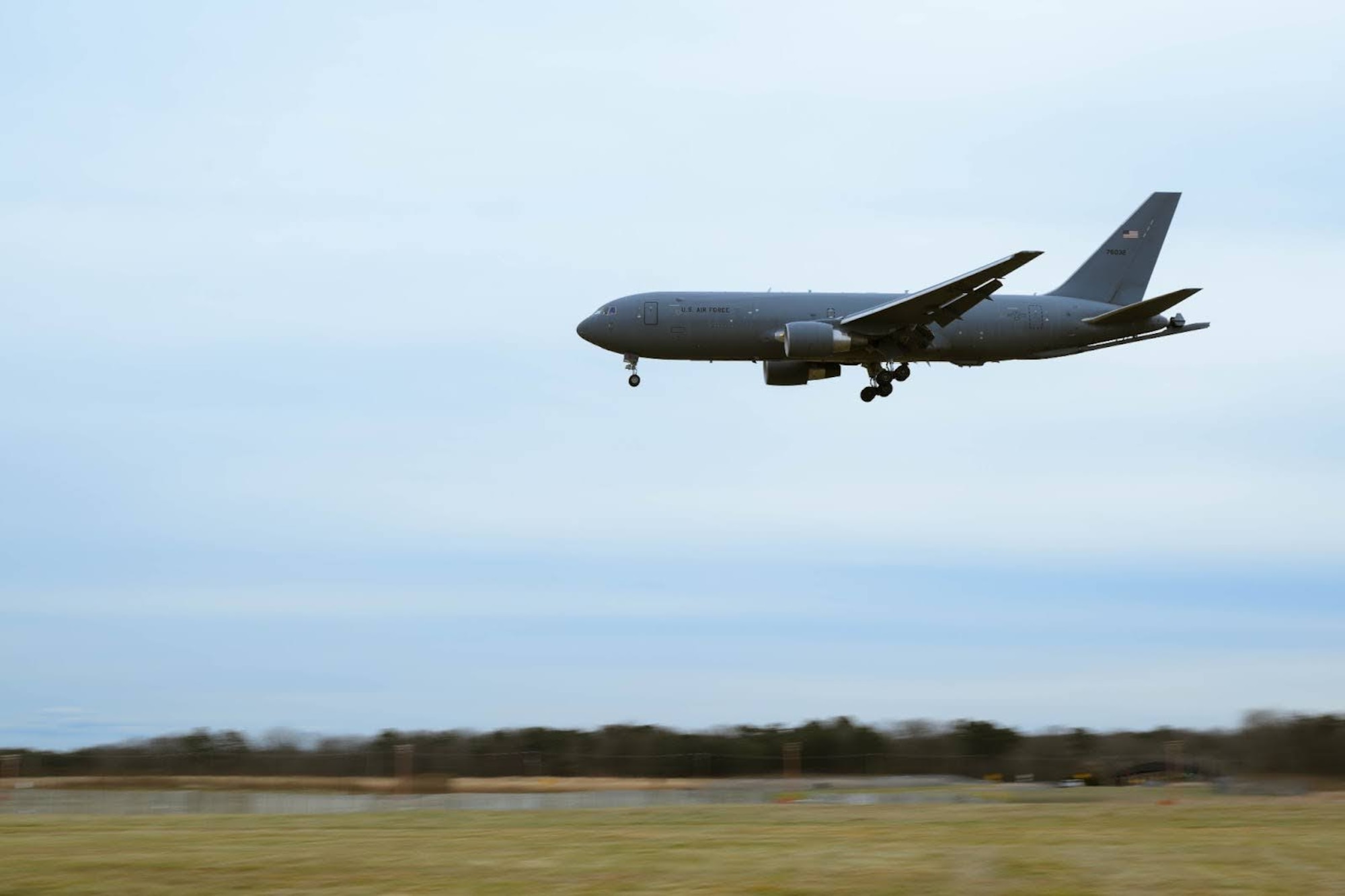 A U.S. Air Force KC-46A Pegasus aircraft lands during Exercise Krampus at Joint Base McGuire-Dix-Lakehurst, N.J., Dec. 8, 2025.