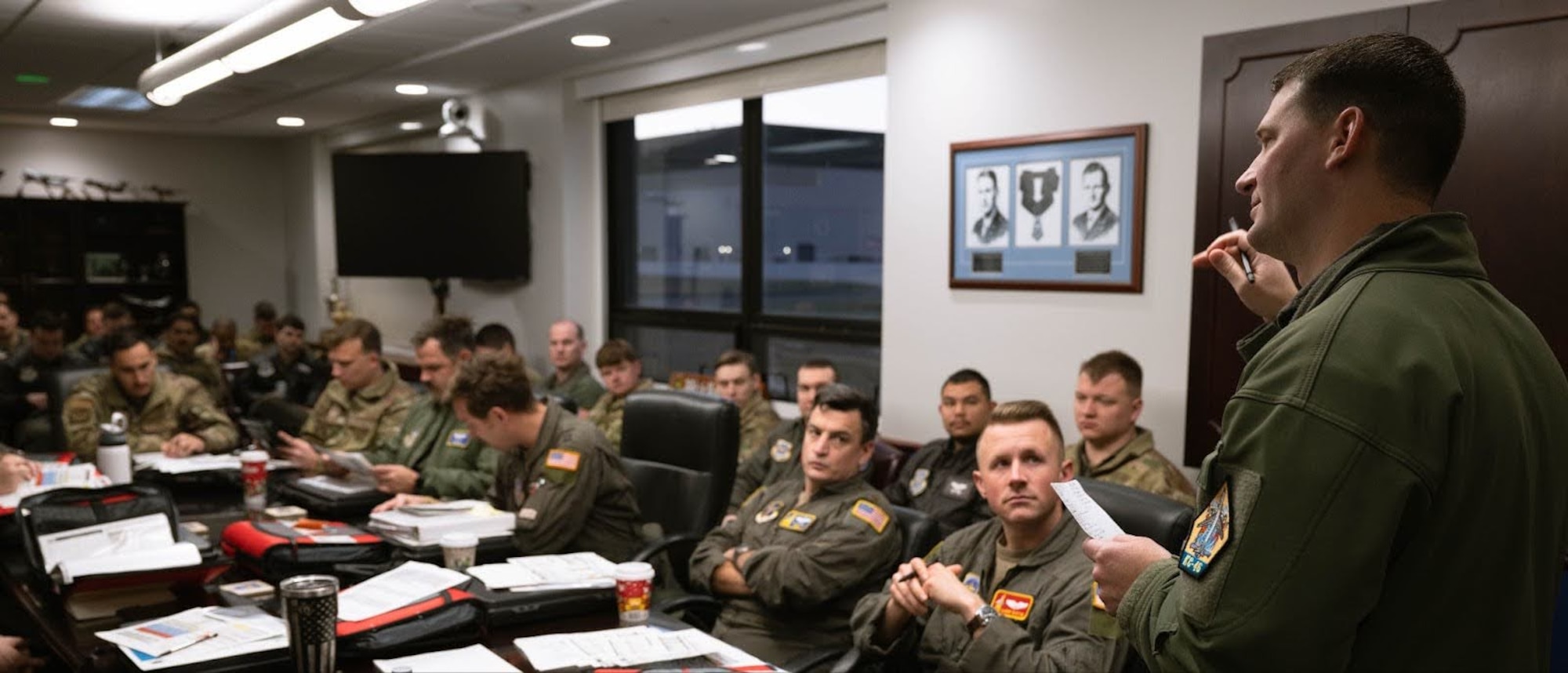 U.S. Air Force KC-46A Pegasus aircrew attend a briefing during Exercise Krampus at Joint Base McGuire-Dix-Lakehurst, N.J., Dec. 9, 2025.