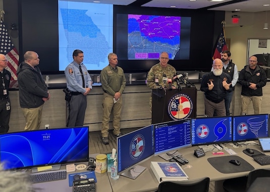 Major General Dwayne Wilson, Adjutant General of Georgia, discusses Georgia National Guard preparations for Winter Storm Fern during a press conference at the Georgia Emergency Management and Homeland Security Agency in Atlanta, January 24, 2026. With GEMA as the lead agency, Georgia National Guard Soldiers and Airmen and personnel of the Georgia State Defense Force are preparing for possible response missions. Photo by Colone/ Barry Simmons.