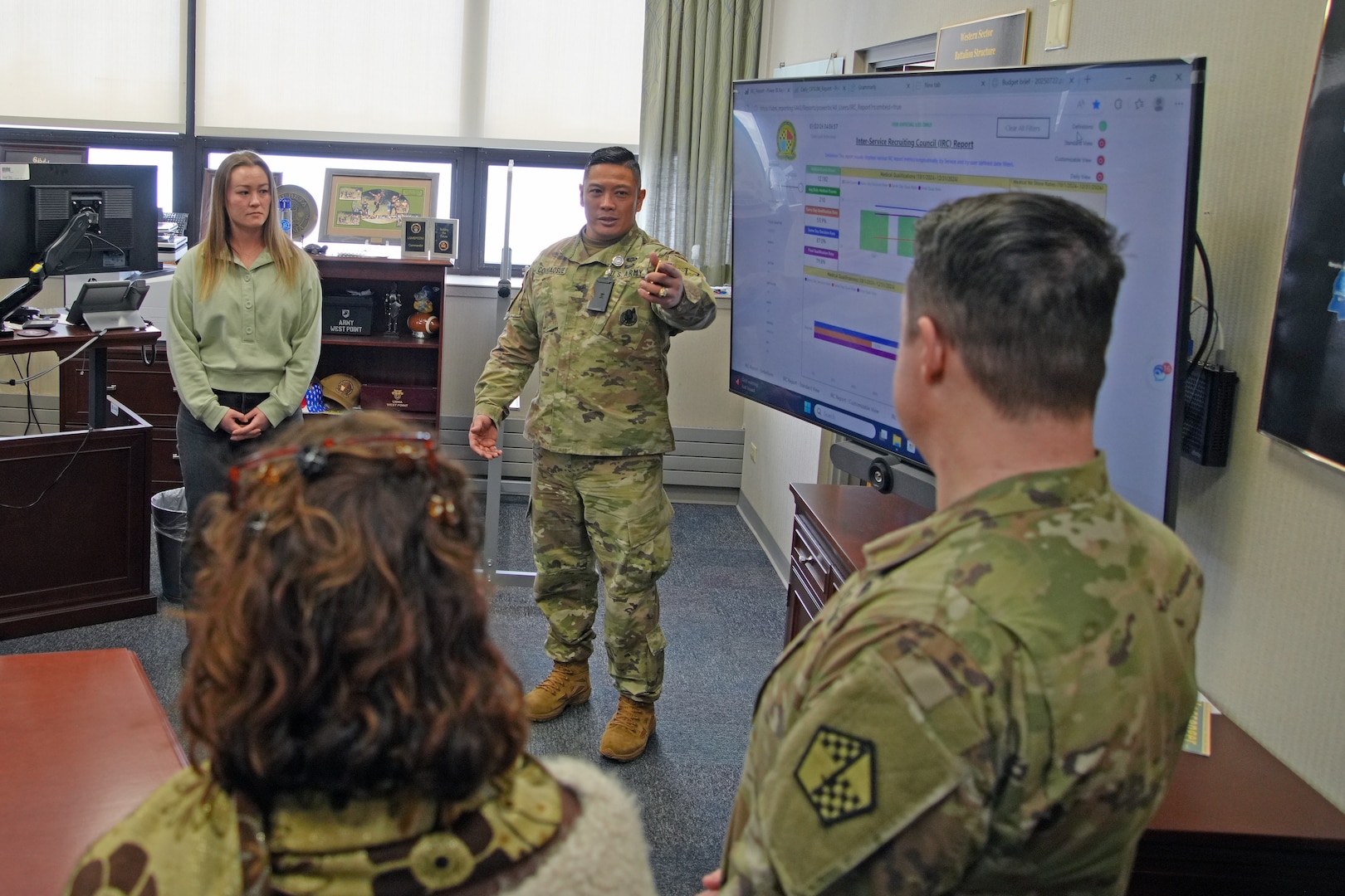 Col. Frankie Cochiaosue, USMEPCOM commander, speaks with members of J-3's Analysis & Architecture team on their data report designs. USMEPCOM uses real-time data tools to help leaders and partners make informed decisions that strengthen operations.