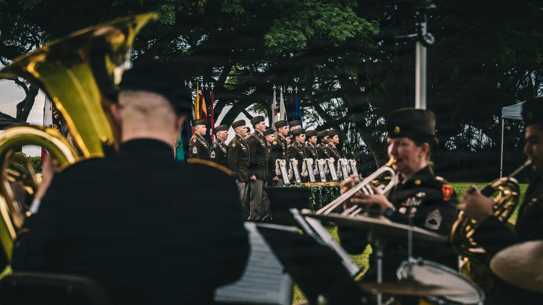 U.S. Army Soldiers with the 25th Infantry Division Band perform at a posthumous commissioning ceremony for seven former University of Hawai’i at Manoa ROTC Cadets at Ke’ehi Lagoon Memorial State Park, Honolulu, Hi., Jan. 26, 2026.