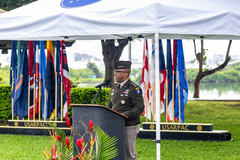 U.S. Army Gen. Ronald P. Clark, Commanding General U.S. Army Pacific, speaks during a posthumous commissioning ceremony at Ke’ehi Lagoon Memorial State Park, Honolulu, Hi., Jan. 26, 2026. The ceremony was held to honor seven Japanese American UH ROTC cadets..