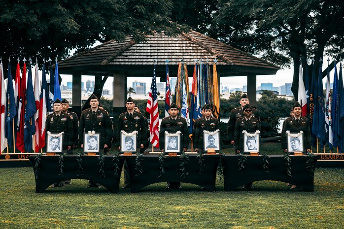 U.S. Army Pacific Soldiers and University of Hawai’i at Manoa (UHM) ROTC Cadets present seven former UHM ROTC Cadets with the Posthumous Commissioning, earned during their service during World War II, at Ke’ehi Lagoon Memorial State Park, Honolulu, Hi., Jan. 26, 2026.