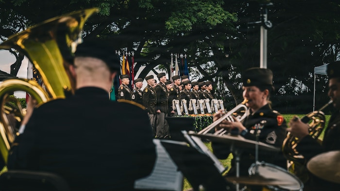 U.S. Army Soldiers with the 25th Infantry Division Band perform at a posthumous commissioning ceremony for seven former University of Hawai’i at Manoa ROTC Cadets at Ke’ehi Lagoon Memorial State Park, Honolulu, Hi., Jan. 26, 2026.