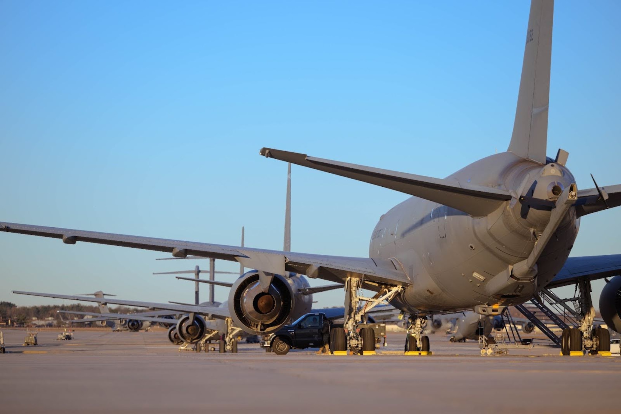 KC-46A Pegasus aircraft assigned to the 305th Air Mobility Wing await preflight checks during Exercise Krampus at Joint Base McGuire-Dix-Lakehurst, N.J., Dec. 9, 2025.