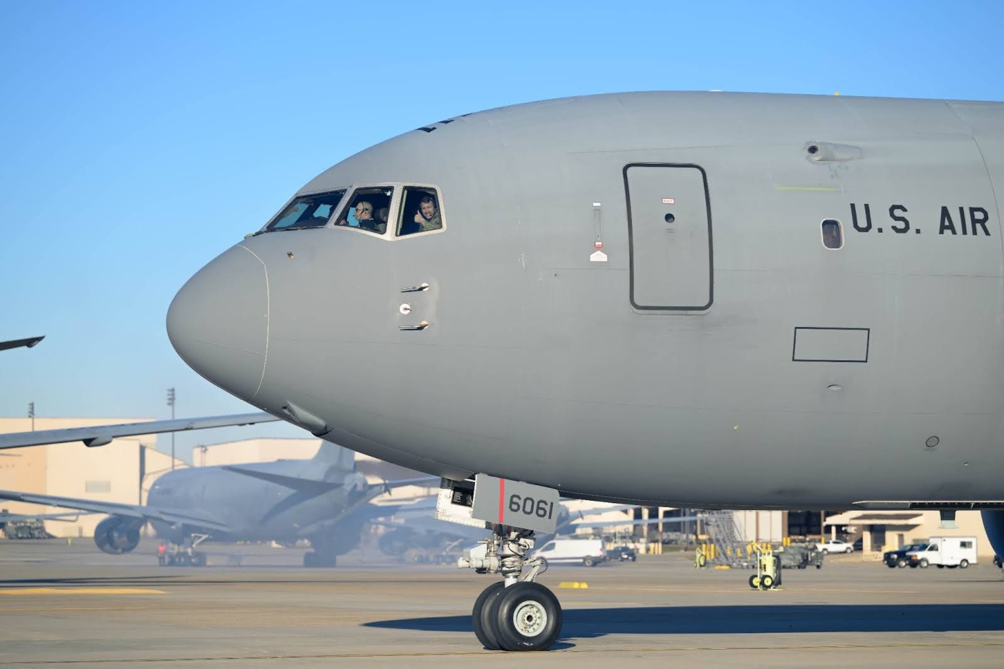 A KC-46A Pegasus aircraft taxis on the runway during Exercise Krampus at Joint Base McGuire-Dix-Lakehurst, N.J., Dec. 9, 2025.