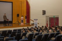 Marines with 3rd Marine Logistics Group attend a drunk-driving awareness lecture at Camp Kinser, Okinawa, Jan. 14, 2026. The event was part of the Okinawa Prefecture Citizens’ Movement for the Eradication of Drunk Driving, held in partnership with Marine Corps Installations Pacific. (U.S. Marine Corps photo by Lance Cpl. Aaliyah Hunt)