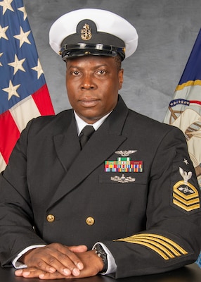 ATSUGI, Japan -- Official portrait of Senior Chief Aviation Electronics Technician Abiodun Adeyemi Oguntala. (U.S. Navy photo)