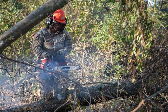 U.S. Army Pfc. Ayinlola Sanyaolu, a unit supply specialist, with the Cumming-based Headquarters and Headquarters Company, 3rd Battalion, 121st Infantry Regiment, 48th Infantry Brigade Combat Team, performs chainsaw duties during a route clearance mission in Cobbtown, Georgia, Oct. 2, 2024. The Georgia National Guard has mobilized to provide response and recovery support to areas in the state impacted by Hurricane Helene. At the direction of the Governor and through The Georgia Emergency Management and Homeland Security Agency (GEMA/HS), the Georgia National Guard will continue to partner local, state, and federal entities in this effort. (U.S. Army National Guard photo by Spc. Ayanna Tillman)