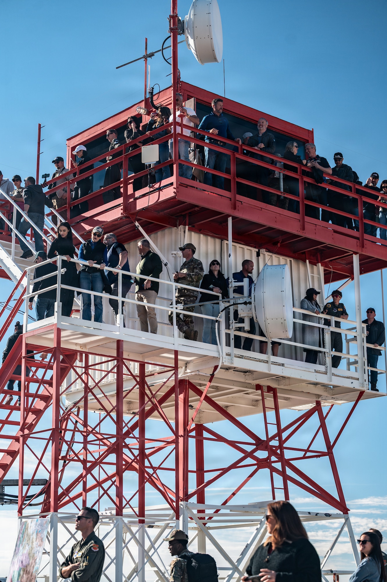 56th Fighter Wing leadership and honorary commanders observe a flight demonstration during a simulated deployment, Jan. 22, 2026, at Barry M. Goldwater Range, Arizona. The simulated deployment provided community leaders with a first-hand look at how Gila Bend and range operations support the 56th FW mission. Integrating civic leaders into these operations builds the mutual trust and community integration required for local leaders to advocate for the wing's Airmen and families. (U.S. Air Force photo by Airman 1st Class Belinda Guachun-Chichay)