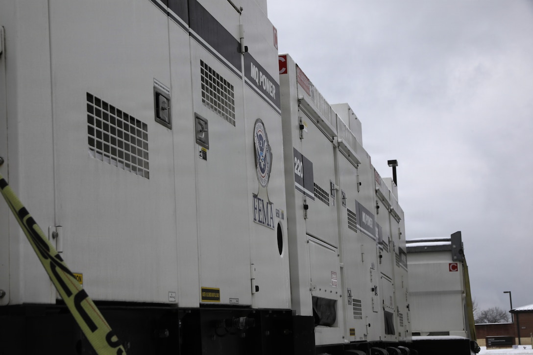 FEMA Generators sit at a staging area ready to be utilized should they be needed to provide temporary emergency power.