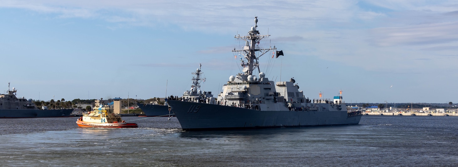 The Arleigh Burke-class guided-missile destroyer USS Delbert D. Black (DDG 119) departs Naval Station Mayport