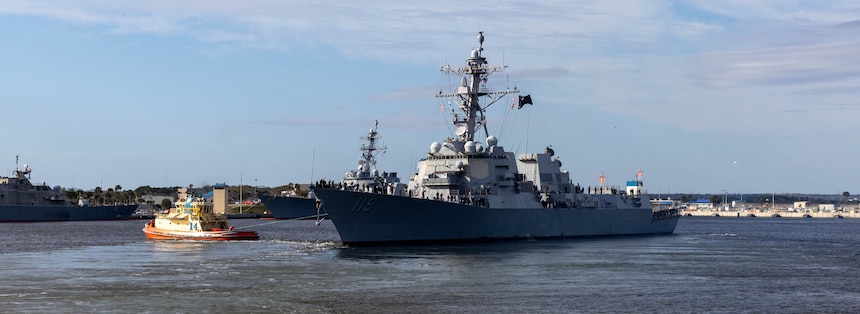 The Arleigh Burke-class guided-missile destroyer USS Delbert D. Black (DDG 119) departs Naval Station Mayport