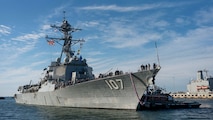 The Arleigh Burke-class guided-missile destroyer USS Gravely (DDG 107) returns to Naval Station Norfolk