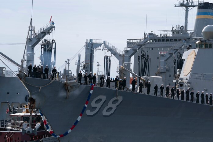 The Arleigh Burke-class guided-missile destroyer USS Forrest Sherman (DDG 98), assigned to Destroyer Squadron (DESRON) Two, returns to Naval Station Norfolk