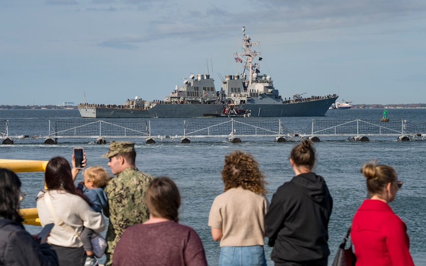 The Arleigh Burke-class guided-missile destroyer USS McFaul (DDG 74) departs Naval Station Norfolk