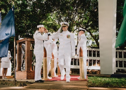 JOINT BASE PEARL HARBOR-HICKAM, Hawaii (Jan. 16, 2026) - Cmdr. Jeffrey Vandenengel, commanding officer of Virginia-class fast-attack submarine USS Illinois (SSN 786), salutes the sideboys as he departs the change of command ceremony for Illinois at the USS Parche Park and Submarine Memorial on Joint Base Pearl Harbor-Hickam, Hawaii, Jan. 16, 2026. Illinois is assigned to Submarine Squadron 1 and is capable of supporting various missions, including anti-submarine warfare, anti-surface ship warfare, strike warfare, special operations forces support, and intelligence, surveillance, and reconnaissance. (U.S. Navy photo by Mass Communication Specialist 2nd Class Nicholas Russell)