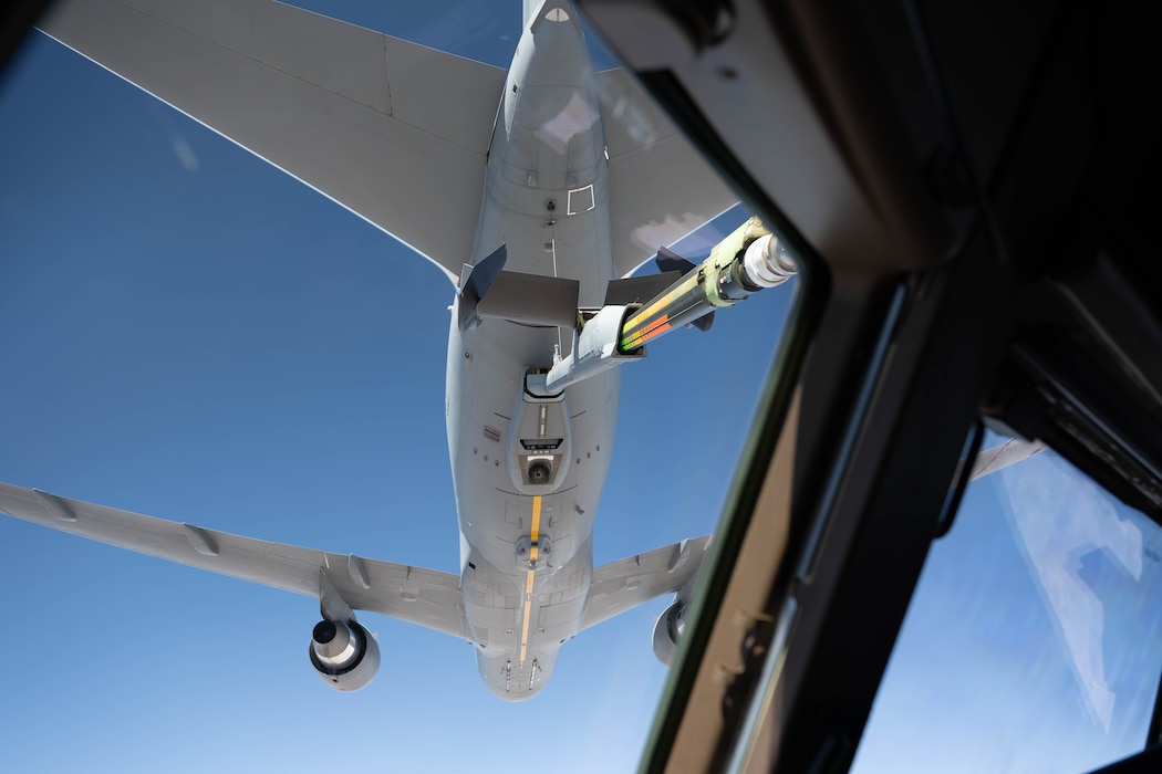 A KC-46 Pegasus prepares to in-flight refuel at Altus Air Force Base, Oklahoma, Jan. 15, 2026. Participants in the First Term Enlisted Course had the opportunity to sit in the cockpit of a KC-46 Pegasus while in-flight refueling took place. (U.S. Air Force Photo by Airman 1st Class Emma Wright)