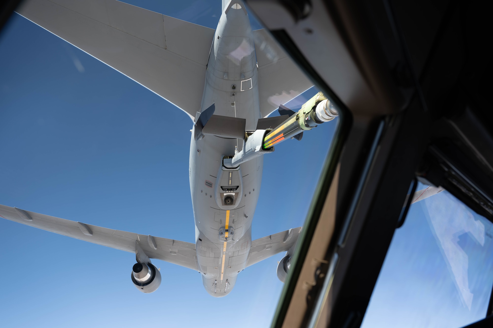 A KC-46 Pegasus prepares to in-flight refuel at Altus Air Force Base, Oklahoma, Jan. 15, 2026. Participants in the First Term Enlisted Course had the opportunity to sit in the cockpit of a KC-46 Pegasus while in-flight refueling took place. (U.S. Air Force Photo by Airman 1st Class Emma Wright)