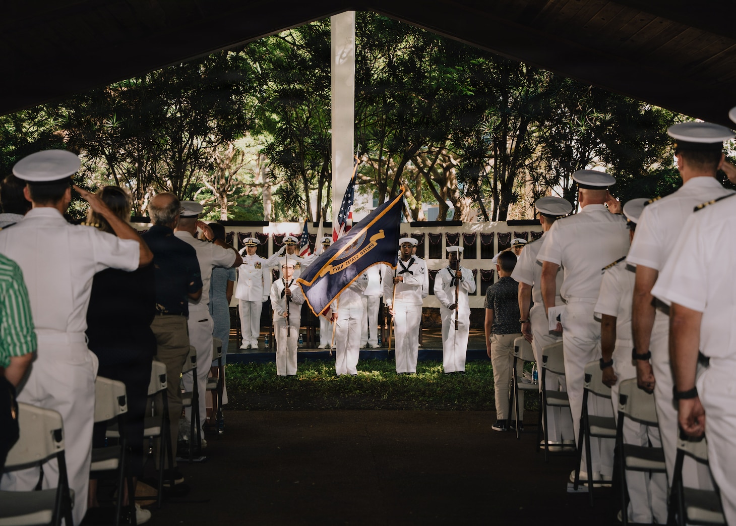 JOINT BASE PEARL HARBOR-HICKAM, Hawaii (Jan. 16, 2026) - The color guard parade the colors during a change of command ceremony for Virginia-class fast-attack submarine USS Illinois (SSN 786) at the USS Parche Park and Submarine Memorial on Joint Base Pearl Harbor-Hickam, Hawaii, Jan. 16, 2026. Illinois is assigned to Submarine Squadron 1 and is capable of supporting various missions, including anti-submarine warfare, anti-surface ship warfare, strike warfare, special operations forces support, and intelligence, surveillance, and reconnaissance. (U.S. Navy photo by Mass Communication Specialist 2nd Class Nicholas Russell)