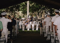 JOINT BASE PEARL HARBOR-HICKAM, Hawaii (Jan. 16, 2026) - The color guard parade the colors during a change of command ceremony for Virginia-class fast-attack submarine USS Illinois (SSN 786) at the USS Parche Park and Submarine Memorial on Joint Base Pearl Harbor-Hickam, Hawaii, Jan. 16, 2026. Illinois is assigned to Submarine Squadron 1 and is capable of supporting various missions, including anti-submarine warfare, anti-surface ship warfare, strike warfare, special operations forces support, and intelligence, surveillance, and reconnaissance. (U.S. Navy photo by Mass Communication Specialist 2nd Class Nicholas Russell)