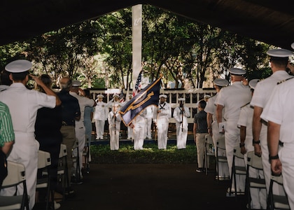 JOINT BASE PEARL HARBOR-HICKAM, Hawaii (Jan. 16, 2026) - The color guard parade the colors during a change of command ceremony for Virginia-class fast-attack submarine USS Illinois (SSN 786) at the USS Parche Park and Submarine Memorial on Joint Base Pearl Harbor-Hickam, Hawaii, Jan. 16, 2026. Illinois is assigned to Submarine Squadron 1 and is capable of supporting various missions, including anti-submarine warfare, anti-surface ship warfare, strike warfare, special operations forces support, and intelligence, surveillance, and reconnaissance. (U.S. Navy photo by Mass Communication Specialist 2nd Class Nicholas Russell)