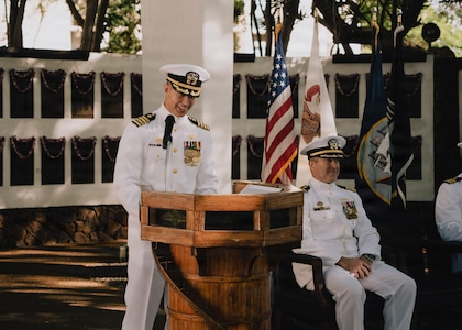 JOINT BASE PEARL HARBOR-HICKAM, Hawaii (Jan. 16, 2026) - Capt. Ryan McCrillis, commander, Pearl Harbor Naval Shipyard, gives remarks during the change of command ceremony for Virginia-class fast-attack submarine USS Illinois (SSN 786) at the USS Parche Park and Submarine Memorial on Joint Base Pearl Harbor-Hickam, Hawaii, Jan. 16, 2026. Illinois is assigned to Submarine Squadron 1 and is capable of supporting various missions, including anti-submarine warfare, anti-surface ship warfare, strike warfare, special operations forces support, and intelligence, surveillance, and reconnaissance. (U.S. Navy photo by Mass Communication Specialist 2nd Class Nicholas Russell)