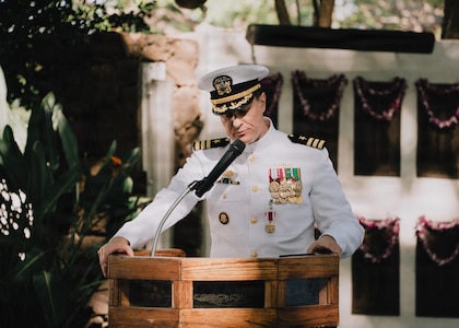 JOINT BASE PEARL HARBOR-HICKAM, Hawaii (Jan. 16, 2026) - Cmdr. Johannes Smith, outgoing commanding officer of the Virginia-class fast-attack submarine USS Illinois (SSN 786), gives remarks during the change of command ceremony for Illinois at the USS Parche Park and Submarine Memorial on Joint Base Pearl Harbor-Hickam, Hawaii, Jan. 16, 2026. Illinois is assigned to Submarine Squadron 1 and is capable of supporting various missions, including anti-submarine warfare, anti-surface ship warfare, strike warfare, special operations forces support, and intelligence, surveillance, and reconnaissance. (U.S. Navy photo by Mass Communication Specialist 2nd Class Nicholas Russell)