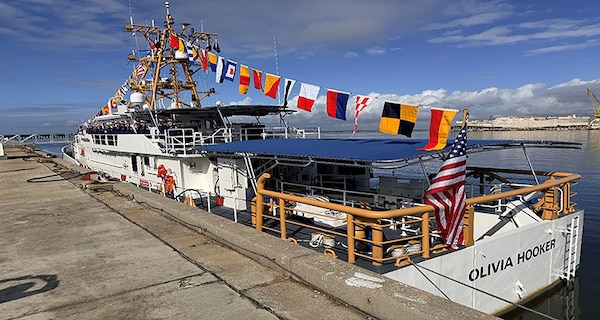 Fast response cutter Olivia Hooker is pier-side in Pascagoula, Mississippi, in advance of commissioning ceremonies.